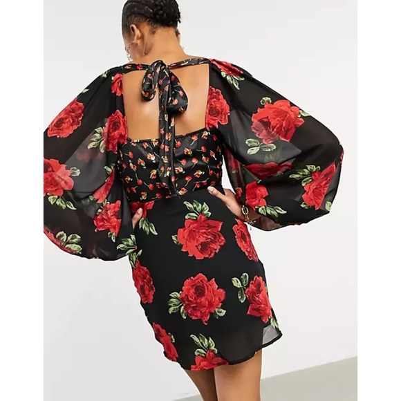 ASOS DESIGN Button Front Mini Dress in Rose Print - Picture 2 of 6